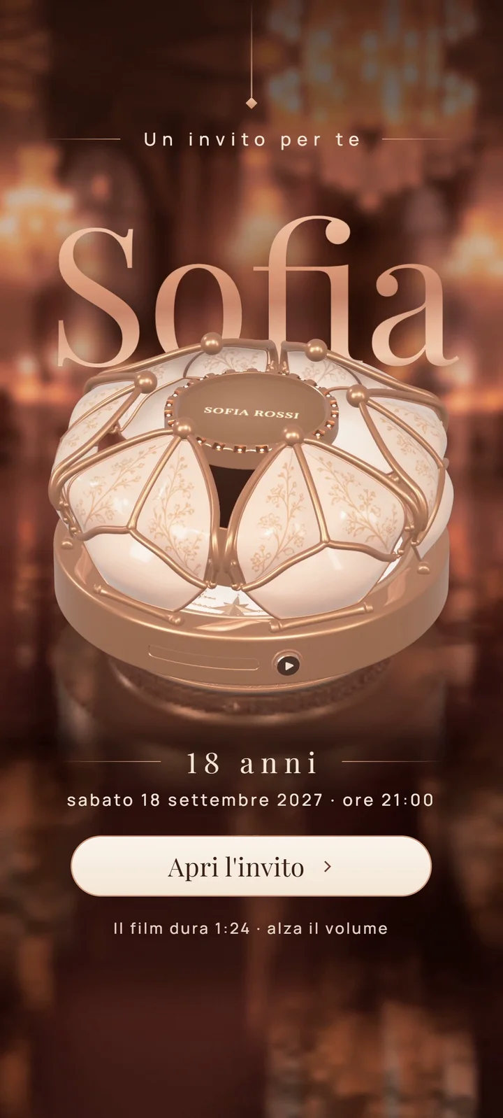 La copertina dell’invito: Un invito per te, Sofia, 18 anni, la data e il pulsante Apri l’invito